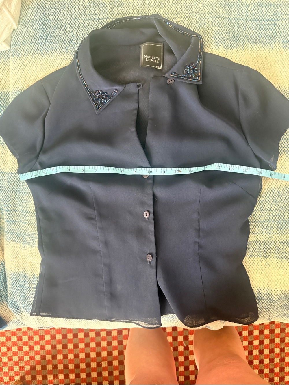 Nanette Lepore Navy Sheer Short-Sleeve Button-Down with Beaded Collar Accent - Picture 6 of 7